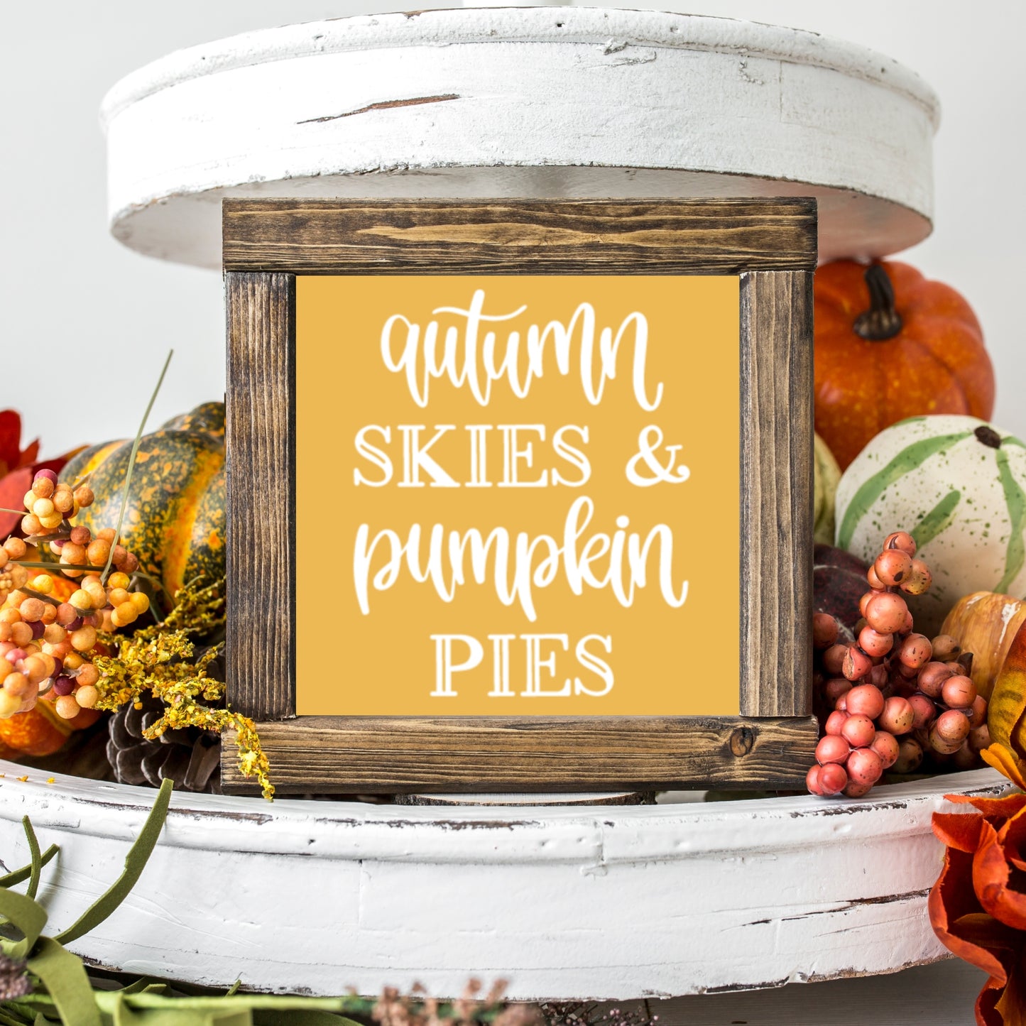 Fall Wood Sign Autumn Skies Pumpkin Pies Farmhouse Tiered Tray Decor