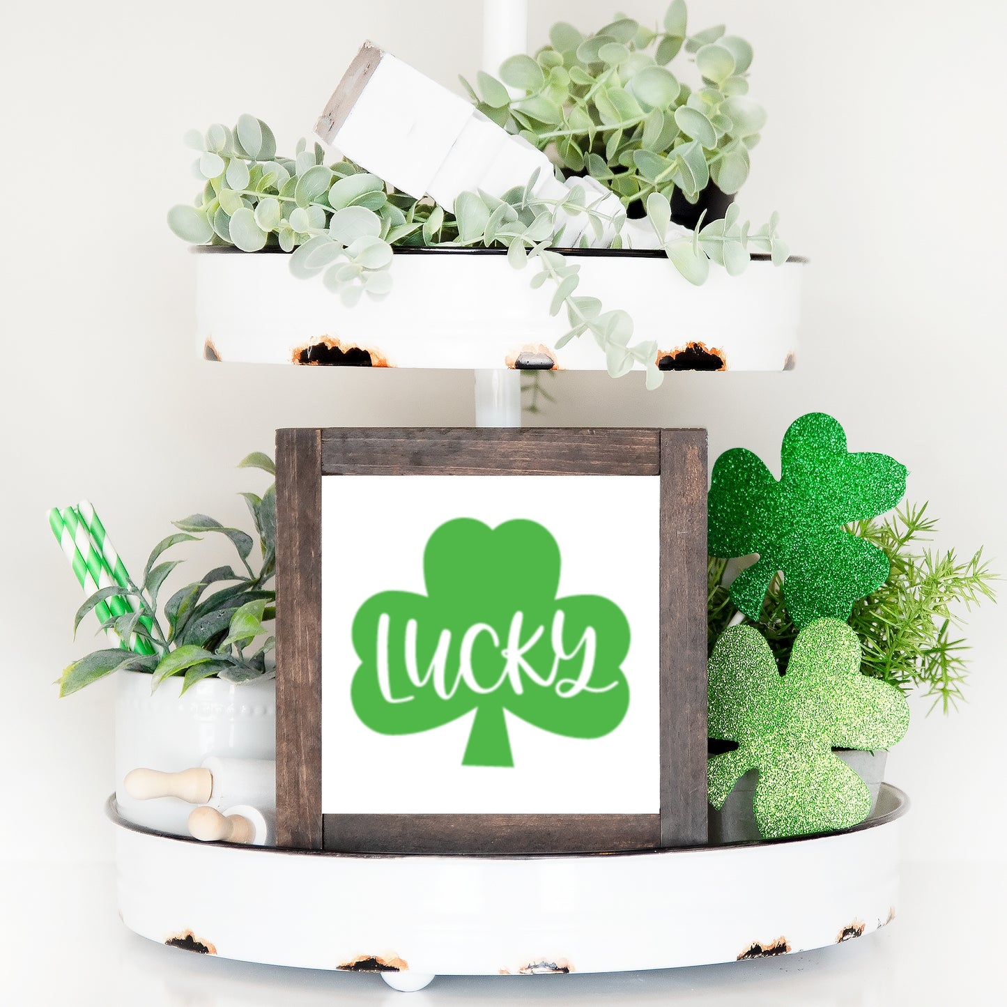 St. Patrick's Day Wood Sign Lucky Shamrock Farmhouse Tiered Tray Decor