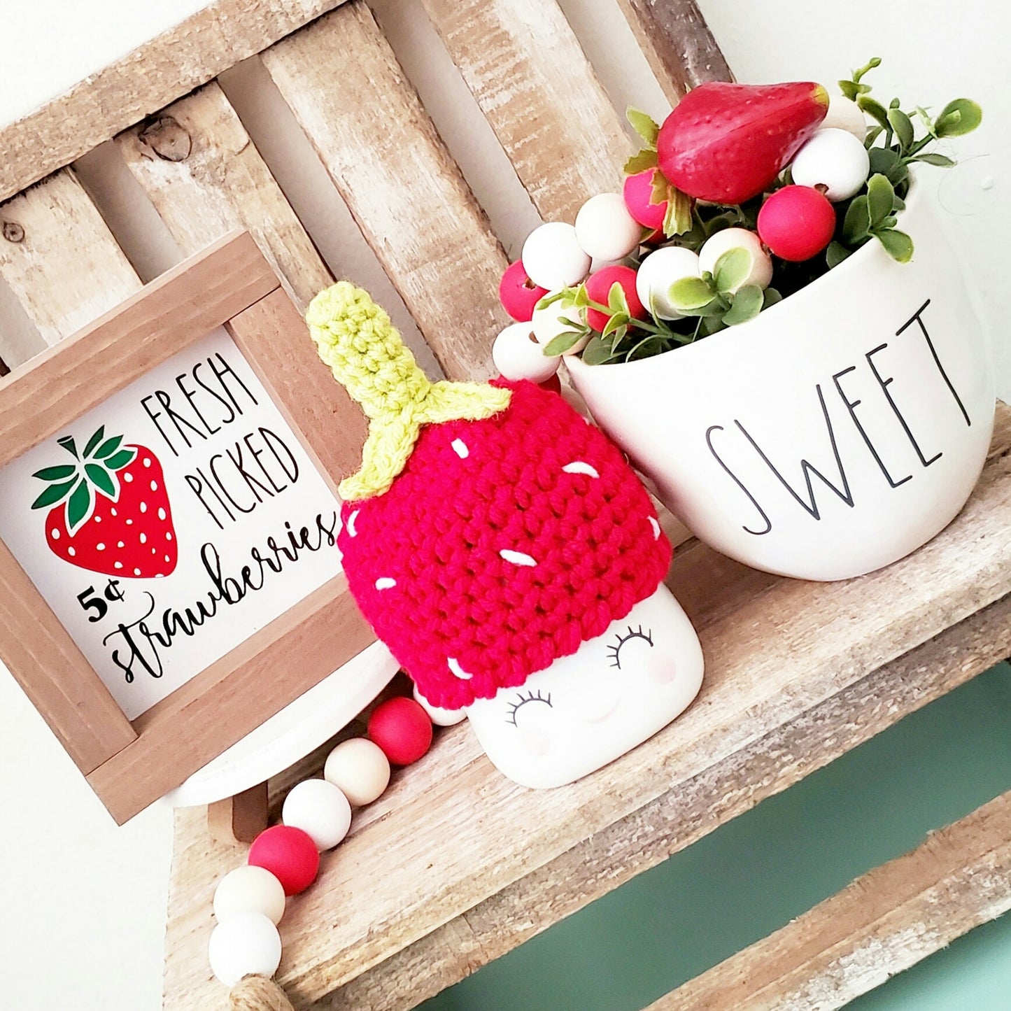 Strawberry Marshmallow Mug Hat Summer Decor Farmhouse Kitchen Tiered Tray Decor Crochet Hat