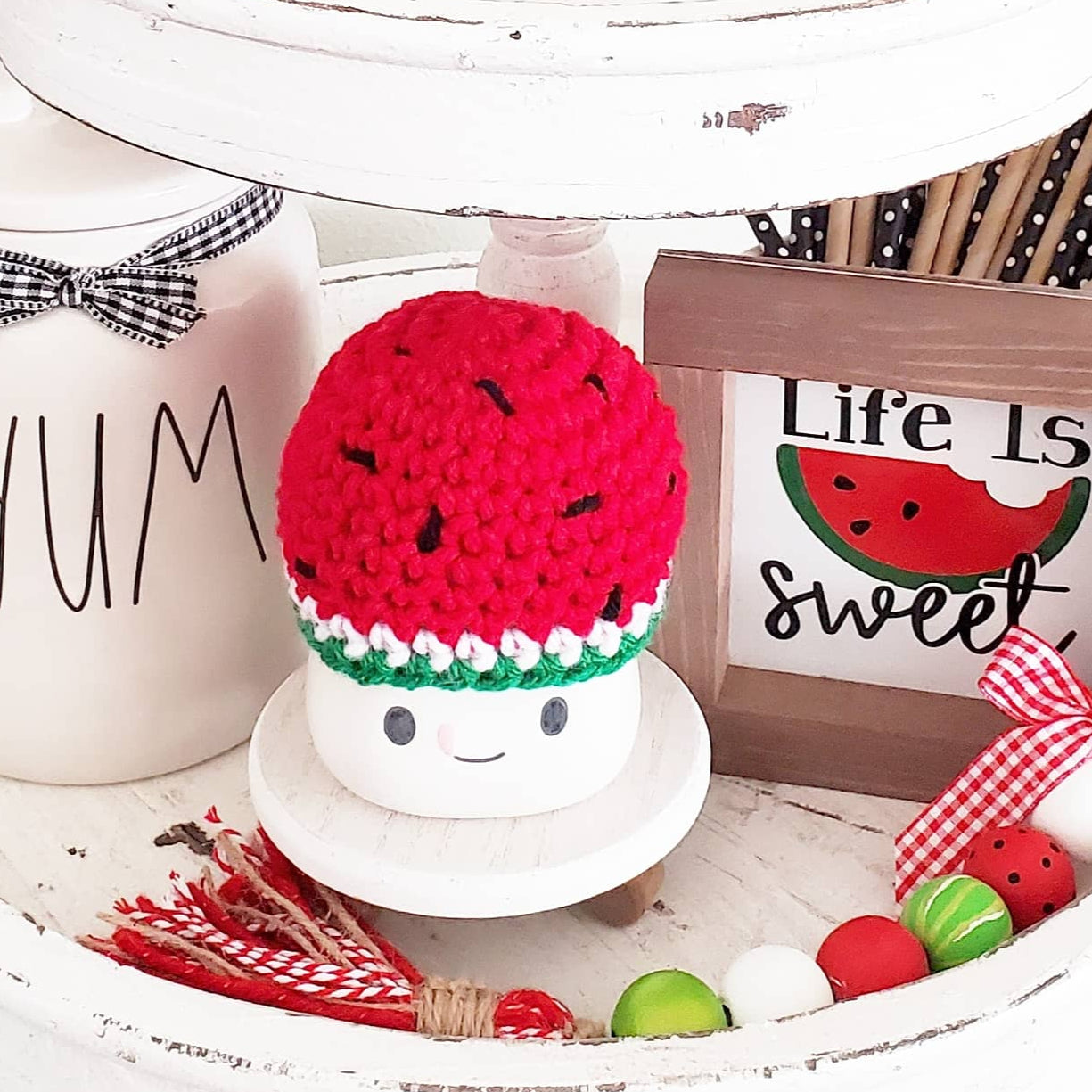 Watermelon Marshmallow Mug Hat Summer Decor Farmhouse Kitchen Tiered Tray Decor Crochet Hat