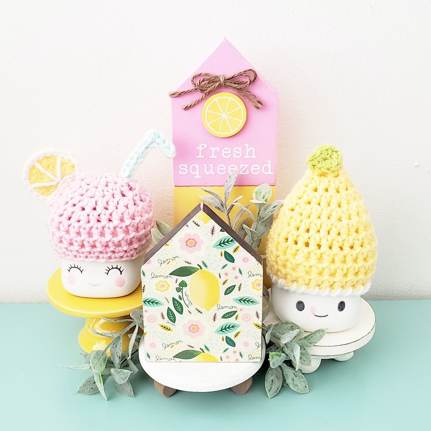 Lemonade Marshmallow Mug Hat Lemon Summer Decor Farmhouse Kitchen Tiered Tray Decor Crochet Hat