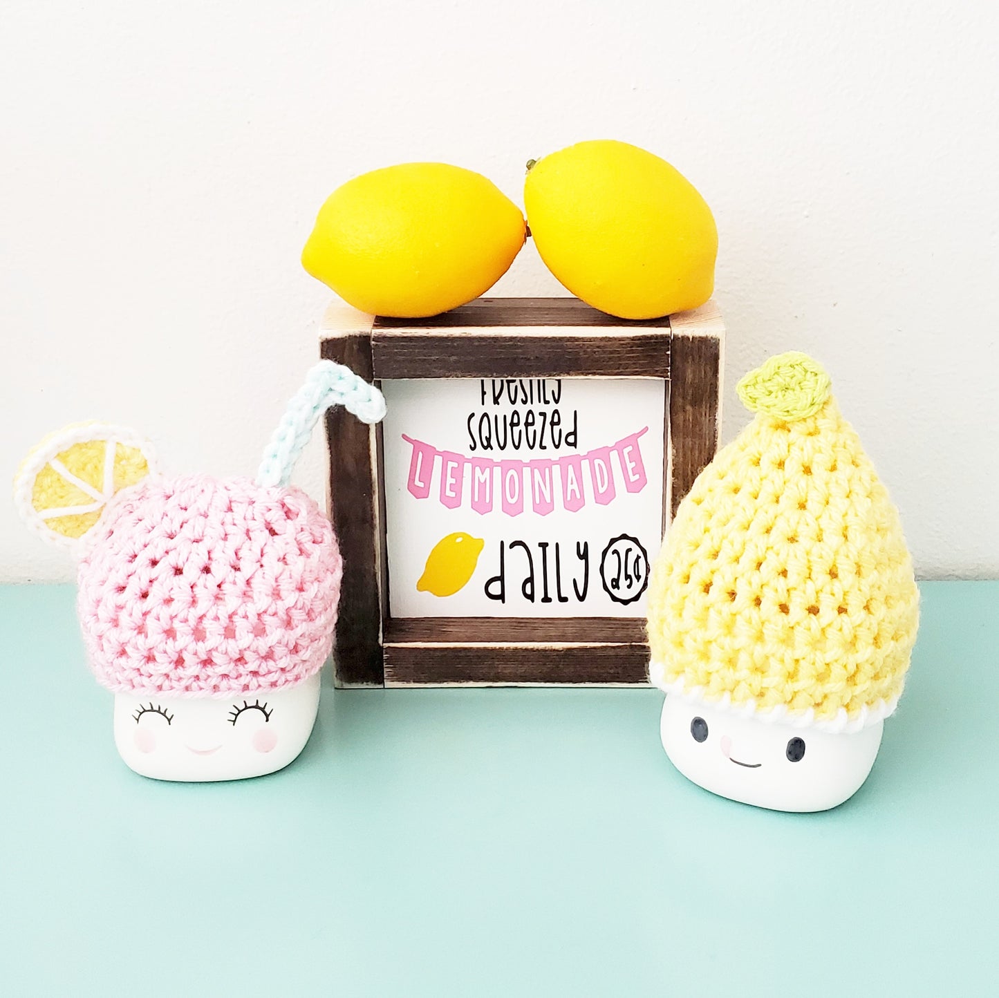 Lemonade Marshmallow Mug Hat Lemon Summer Decor Farmhouse Kitchen Tiered Tray Decor Crochet Hat