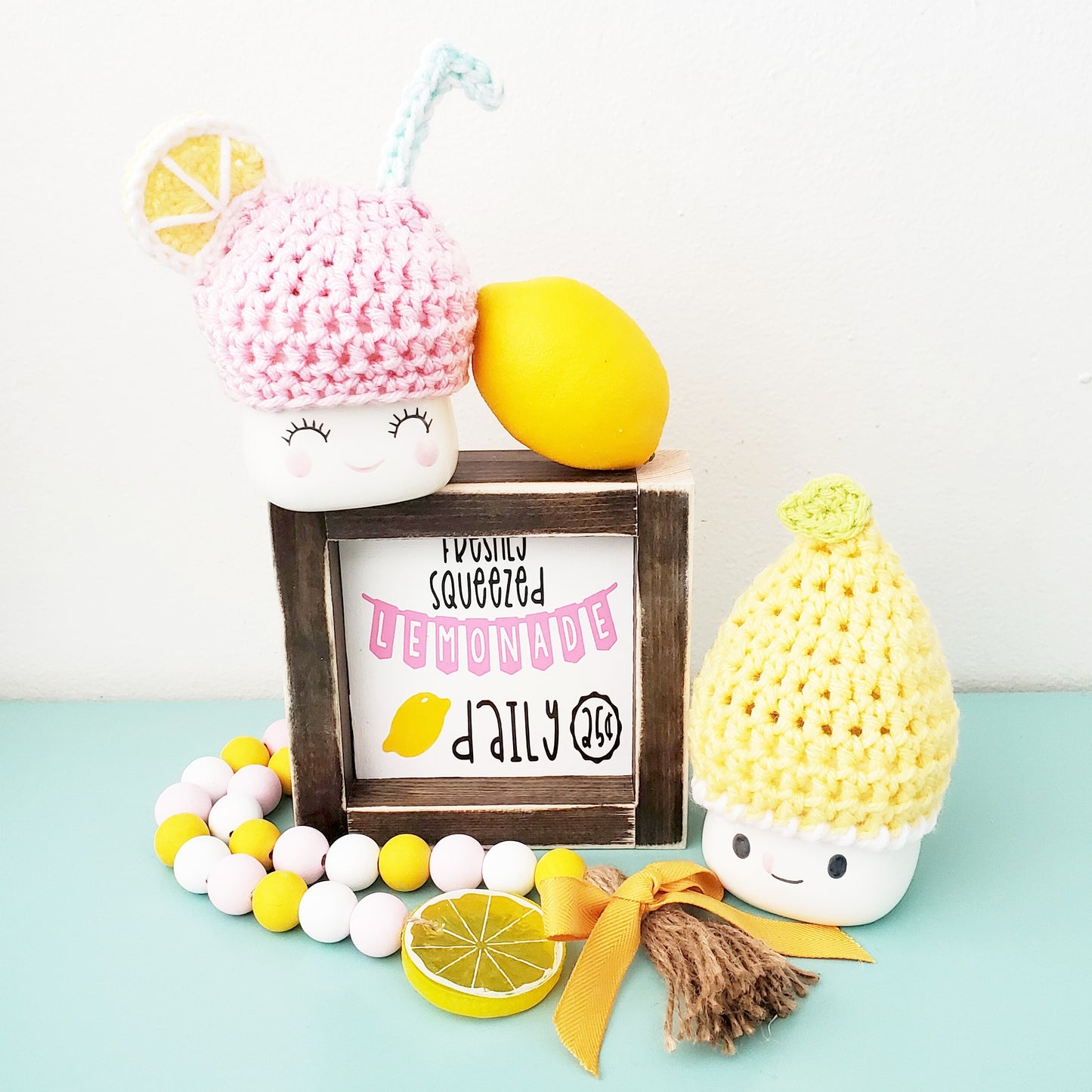 Lemonade Marshmallow Mug Hat Lemon Summer Decor Farmhouse Kitchen Tiered Tray Decor Crochet Hat