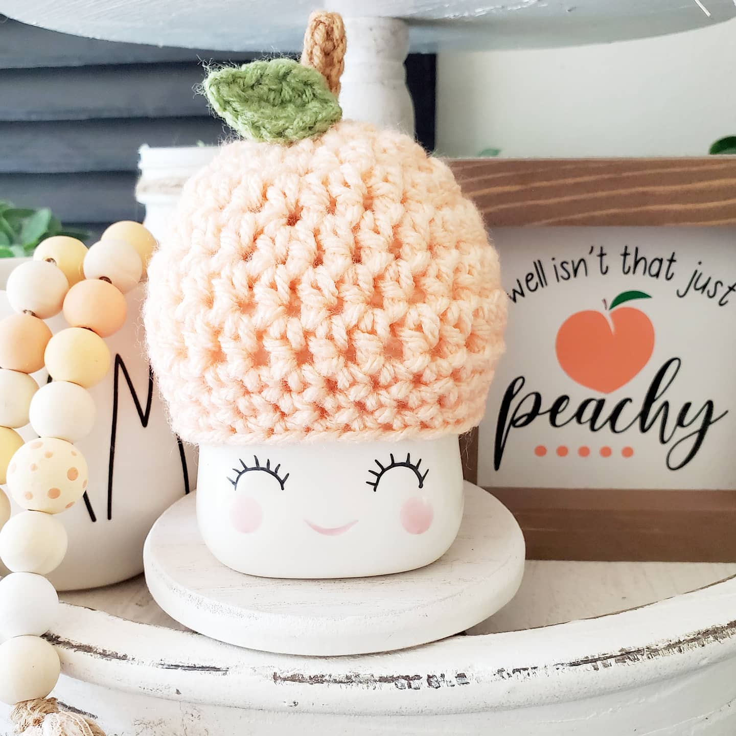 Peach Marshmallow Mug Hat Summer Decor Farmhouse Kitchen Tiered Tray Decor Crochet Hat