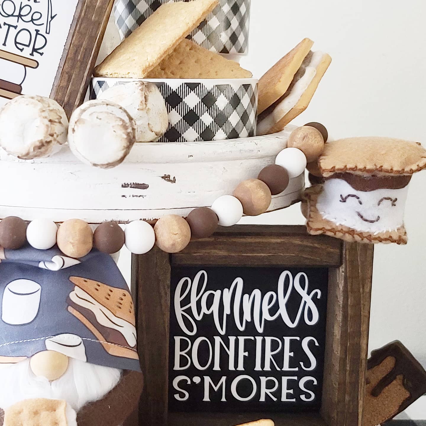 Fall Wood Sign Flannels Bonfires Smores Farmhouse Tiered Tray Decor
