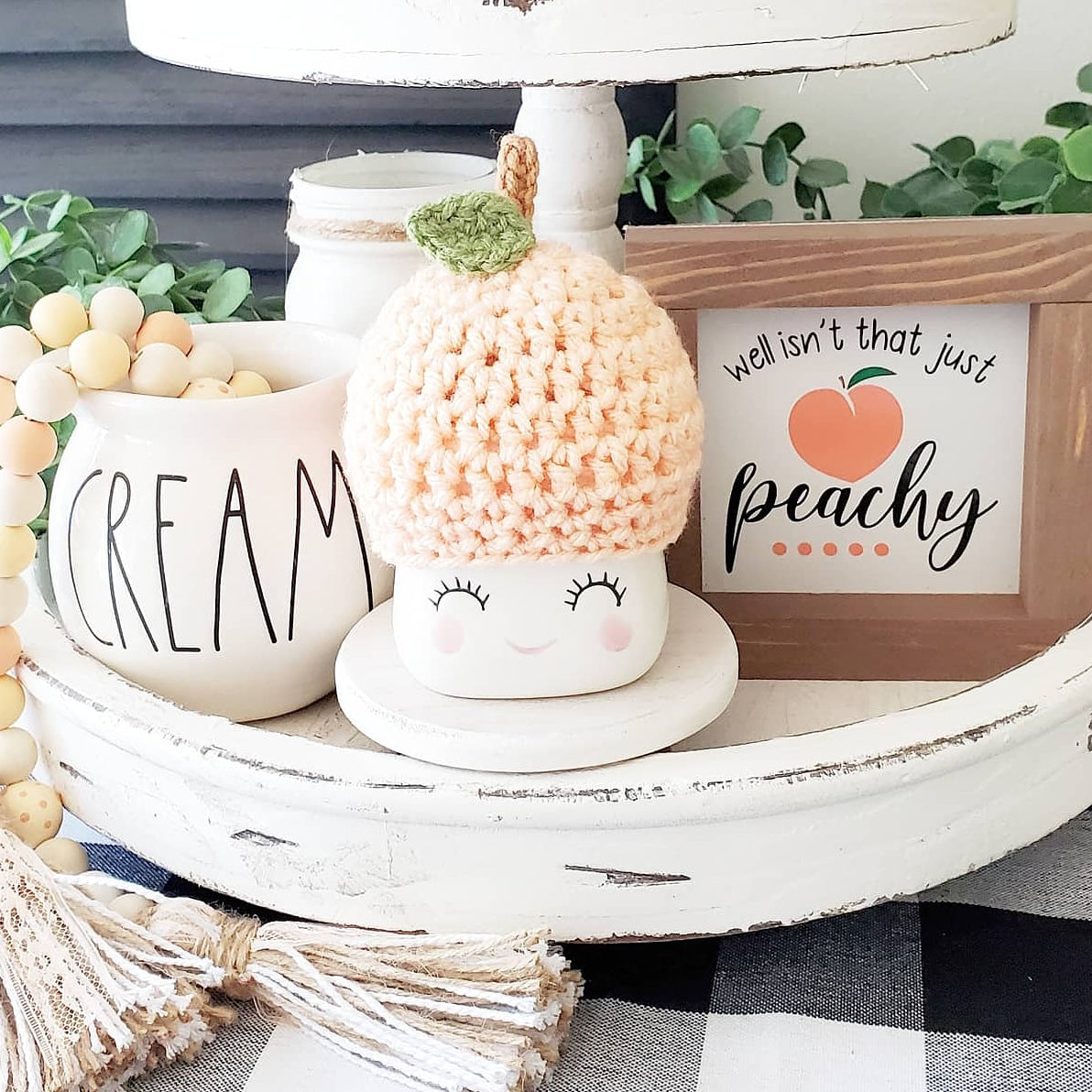 Peach Marshmallow Mug Hat Summer Decor Farmhouse Kitchen Tiered Tray Decor Crochet Hat