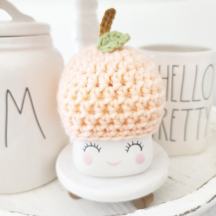 Peach Marshmallow Mug Hat Summer Decor Farmhouse Kitchen Tiered Tray Decor Crochet Hat