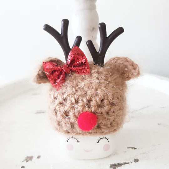 Christmas Marshmallow Mug Hat Fuzzy Bow Reindeer Winter Farmhouse Kitchen Tiered Tray Decor