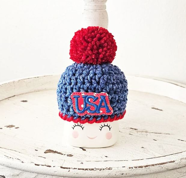 4th Of July USA Marshmallow Mug Hat Patriotic Farmhouse Kitchen Tiered Tray Decor Crochet Hat