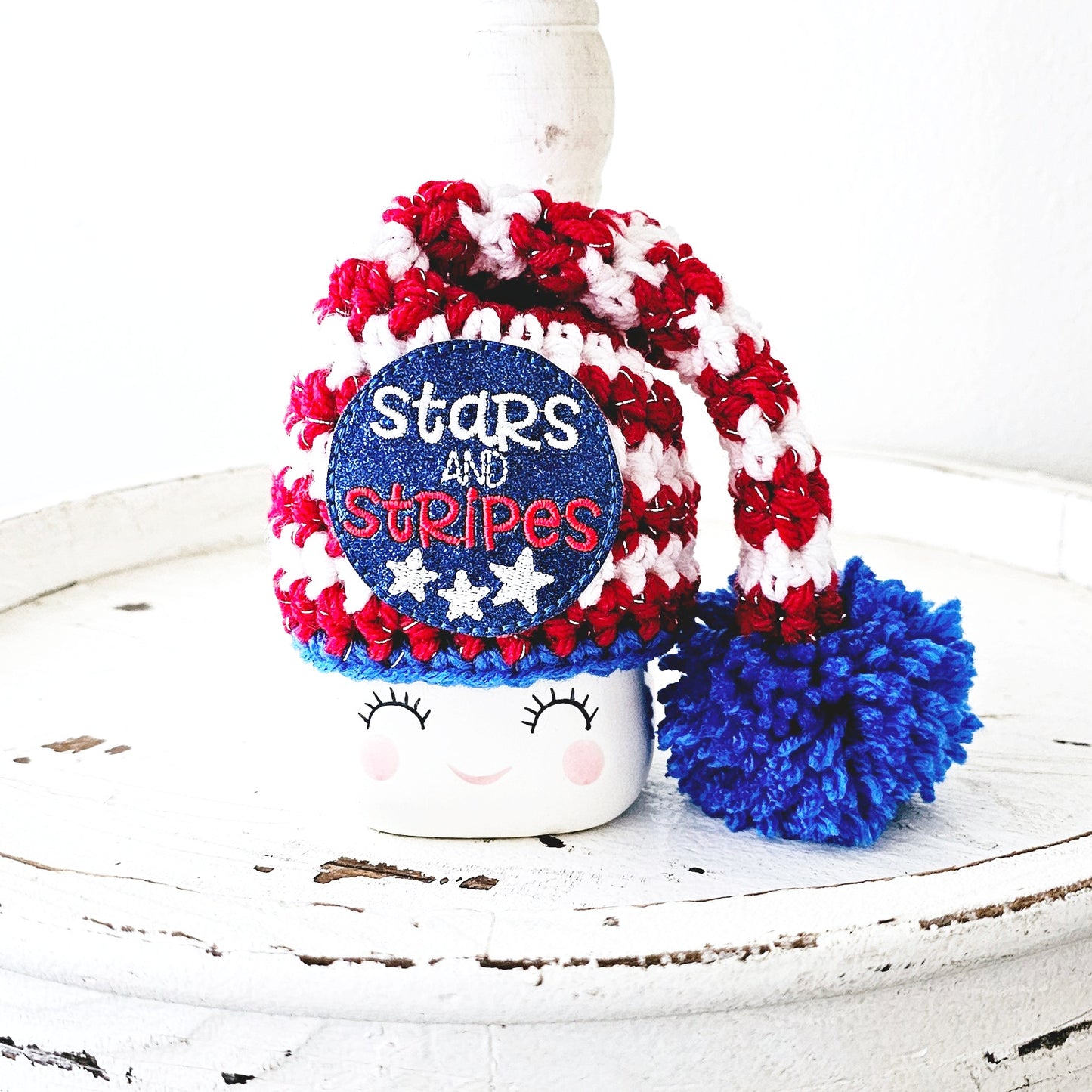 4th Of July Stars And Stripes Marshmallow Mug Hat Patriotic Farmhouse Kitchen Tiered Tray Decor Crochet Hat