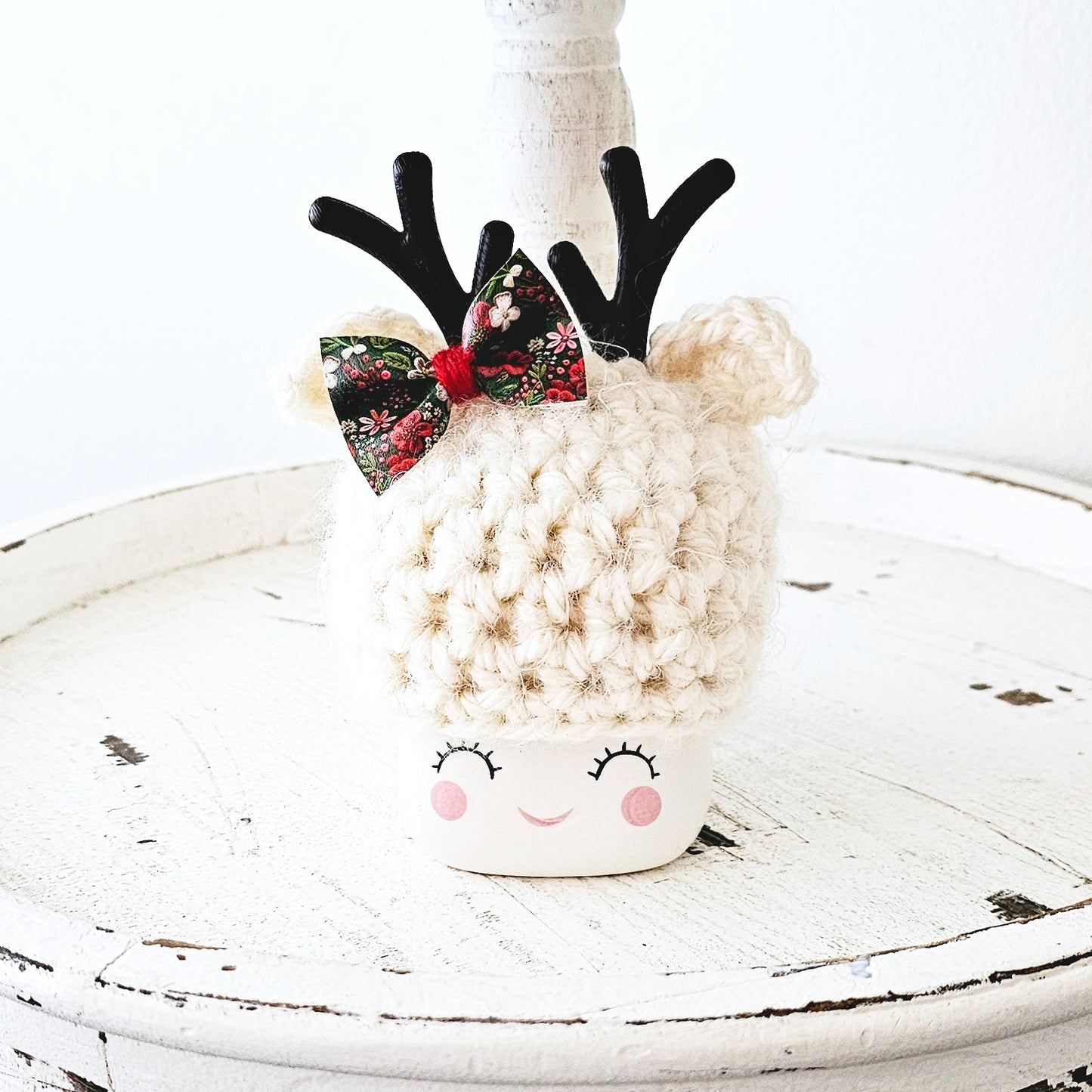 Christmas Marshmallow Mug Hat Fuzzy Bow Reindeer Winter Farmhouse Kitchen Tiered Tray Decor