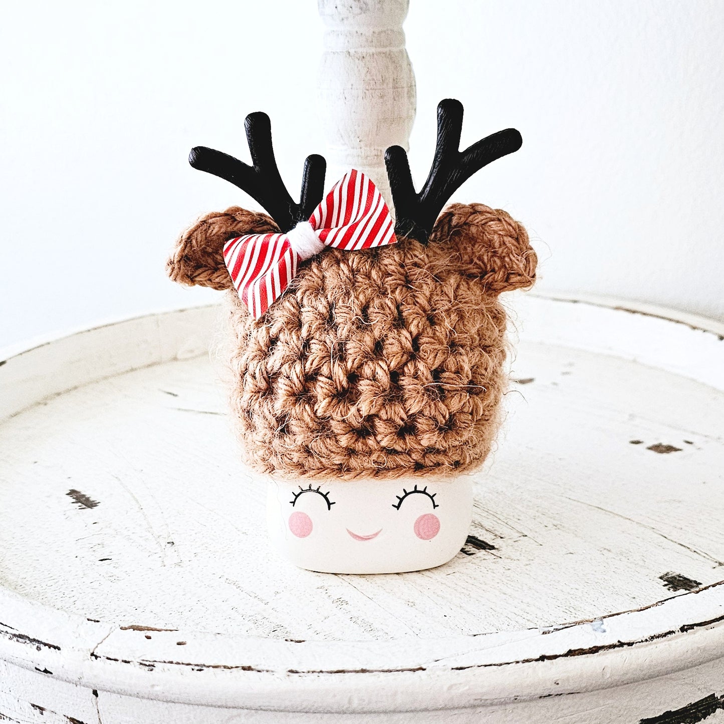Christmas Marshmallow Mug Hat Fuzzy Bow Reindeer Winter Farmhouse Kitchen Tiered Tray Decor