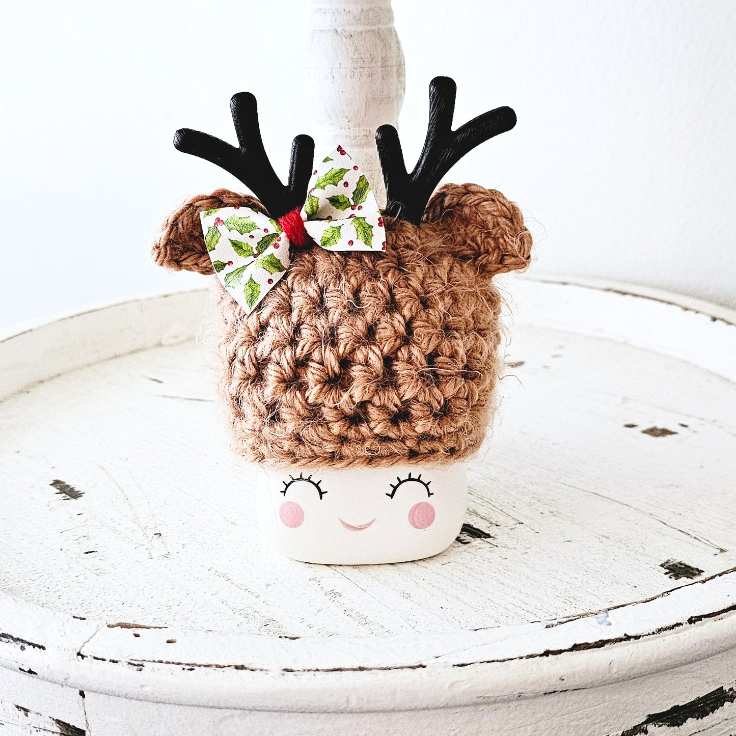 Christmas Marshmallow Mug Hat Fuzzy Bow Reindeer Winter Farmhouse Kitchen Tiered Tray Decor