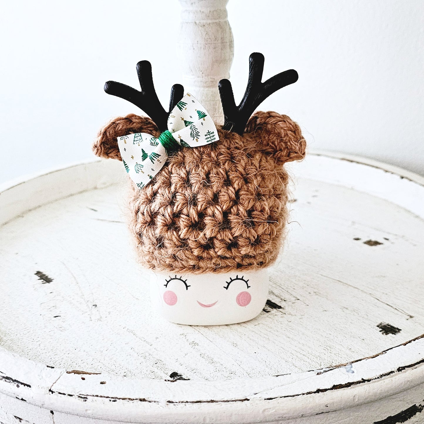 Christmas Marshmallow Mug Hat Fuzzy Bow Reindeer Winter Farmhouse Kitchen Tiered Tray Decor