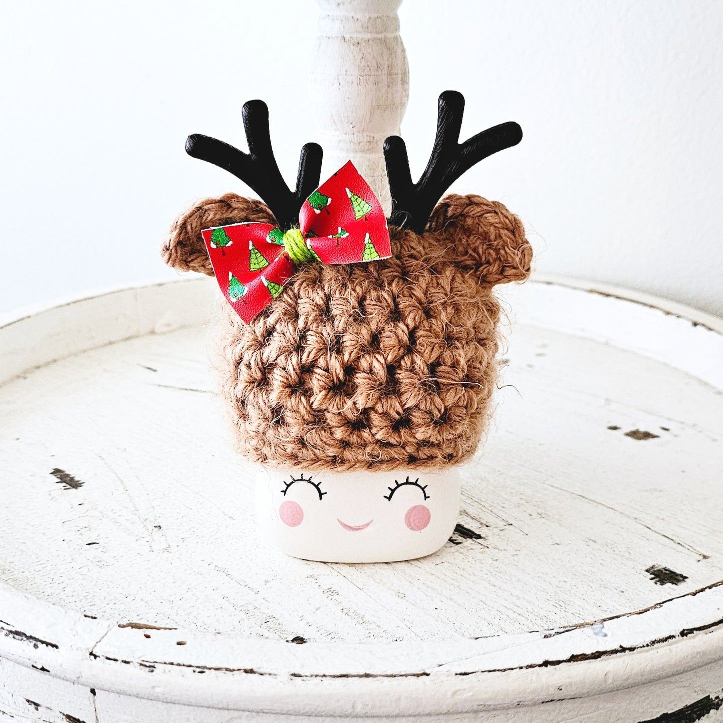 Christmas Marshmallow Mug Hat Fuzzy Bow Reindeer Winter Farmhouse Kitchen Tiered Tray Decor