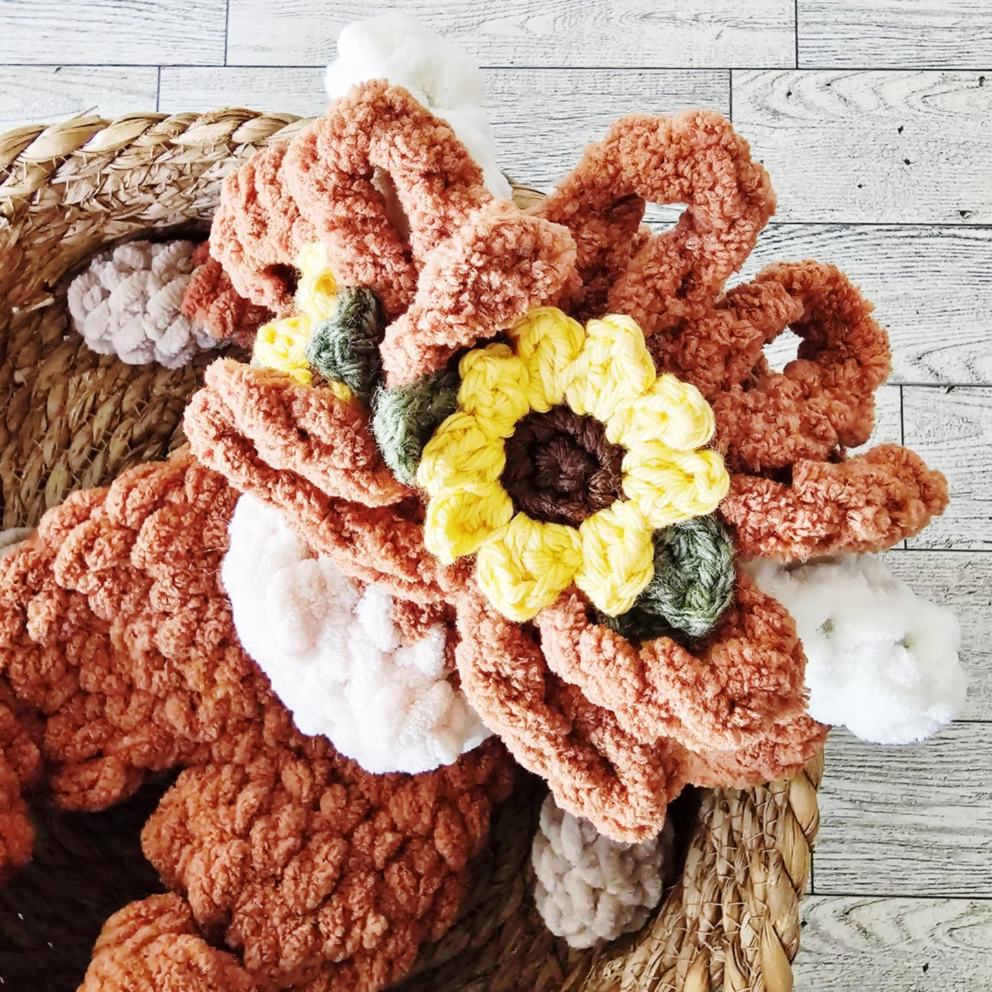 Crochet Girl Highland Cow Sunflowers Snuggler Lovey Infant Baby Toddler Toy