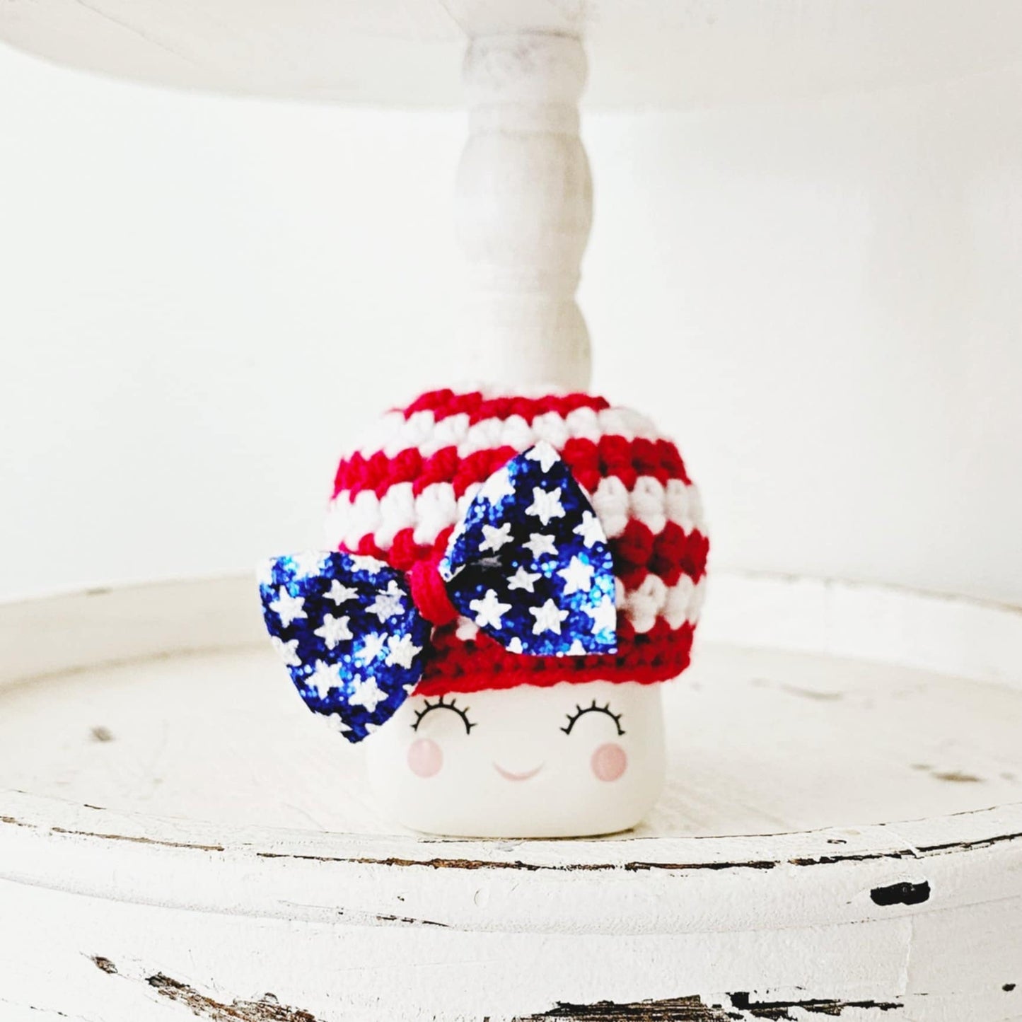 4th Of July Bow Marshmallow Mug Hat Patriotic Farmhouse Kitchen Tiered Tray Decor Crochet Hat