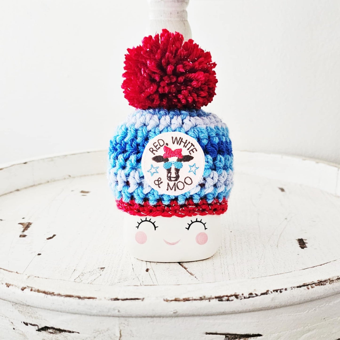 4th Of July Red White Moo Cow Marshmallow Mug Hat Patriotic Farmhouse Kitchen Tiered Tray Decor Crochet Hat