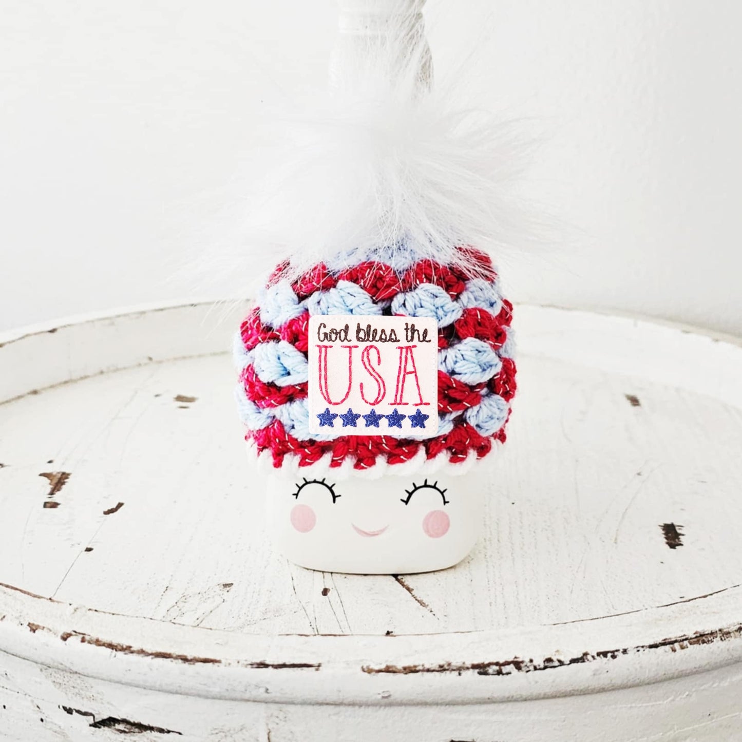 4th Of July God Bless The USA Marshmallow Mug Hat Patriotic Farmhouse Kitchen Tiered Tray Decor Crochet Hat