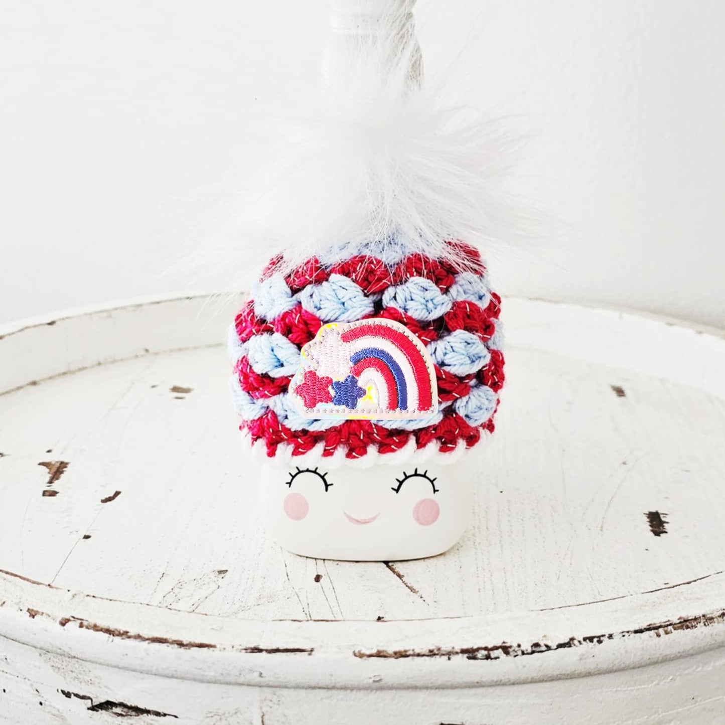 4th Of July America Rainbow Marshmallow Mug Hat Patriotic Farmhouse Kitchen Tiered Tray Decor Crochet Hat