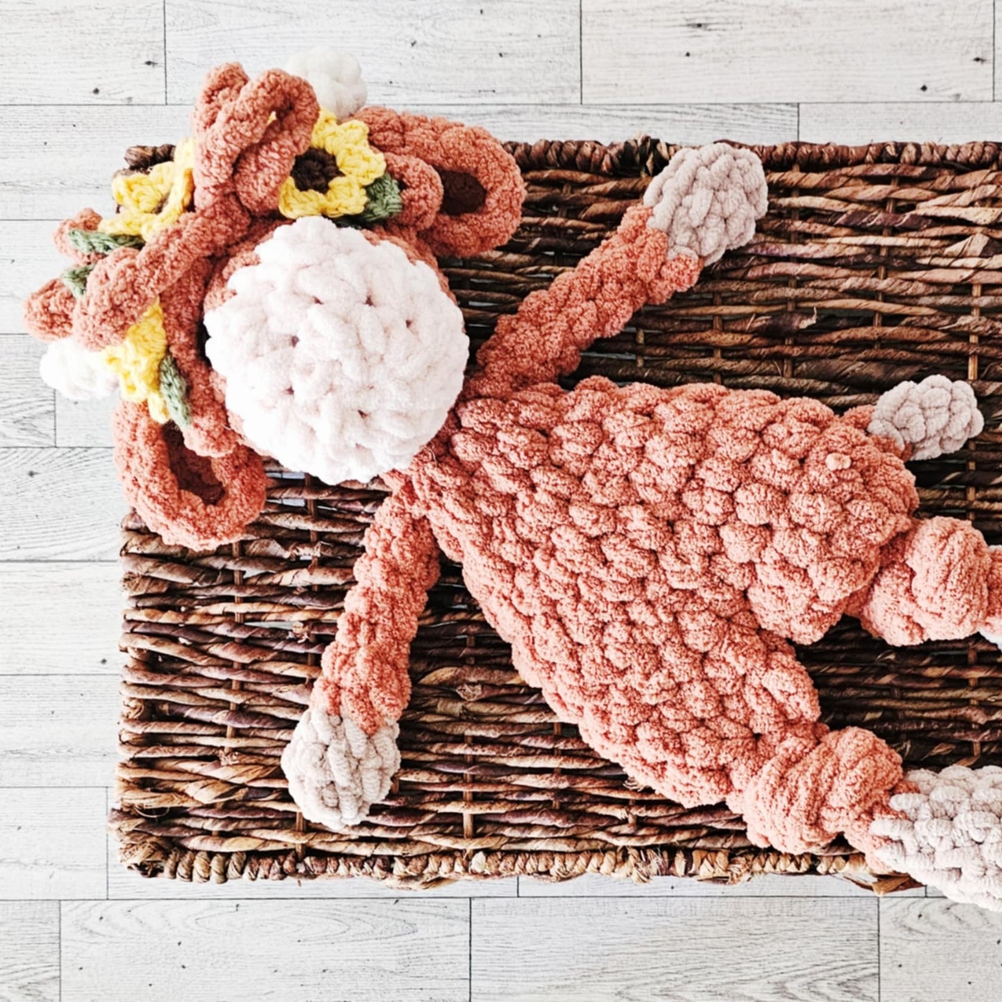 Crochet Girl Highland Cow Sunflowers Snuggler Lovey Infant Baby Toddler Toy