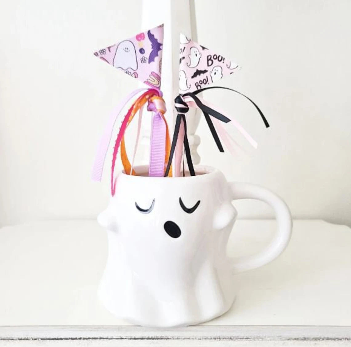 Halloween Marshmallow Mug Hat Pink Ghost Spooky Boo Haunted Farmhouse Tiered Tray Decor Pastel Halloween Decor