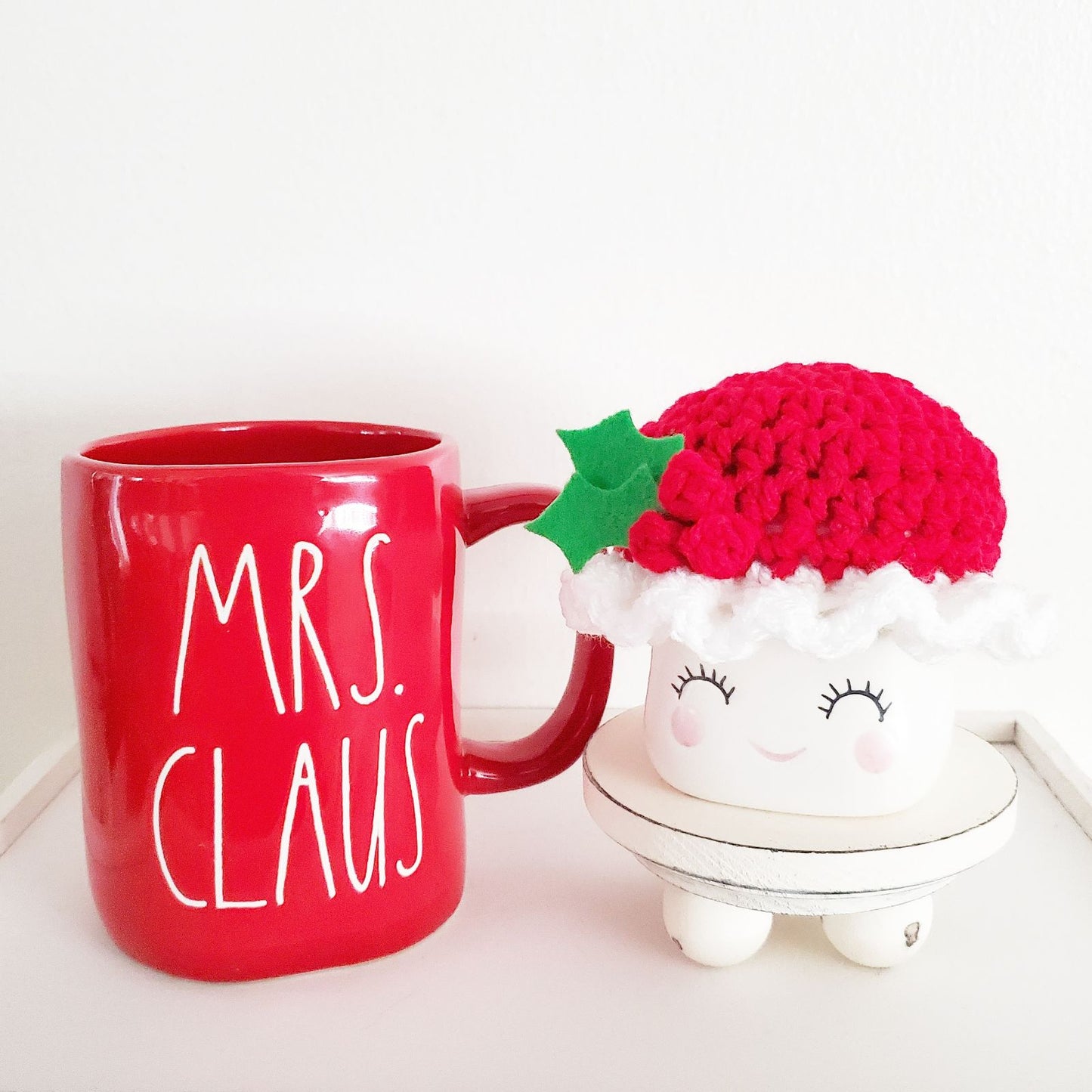 Christmas Marshmallow Mug Hat Santa Claus Mrs. Claus Winter Farmhouse Kitchen Tiered Tray Decor