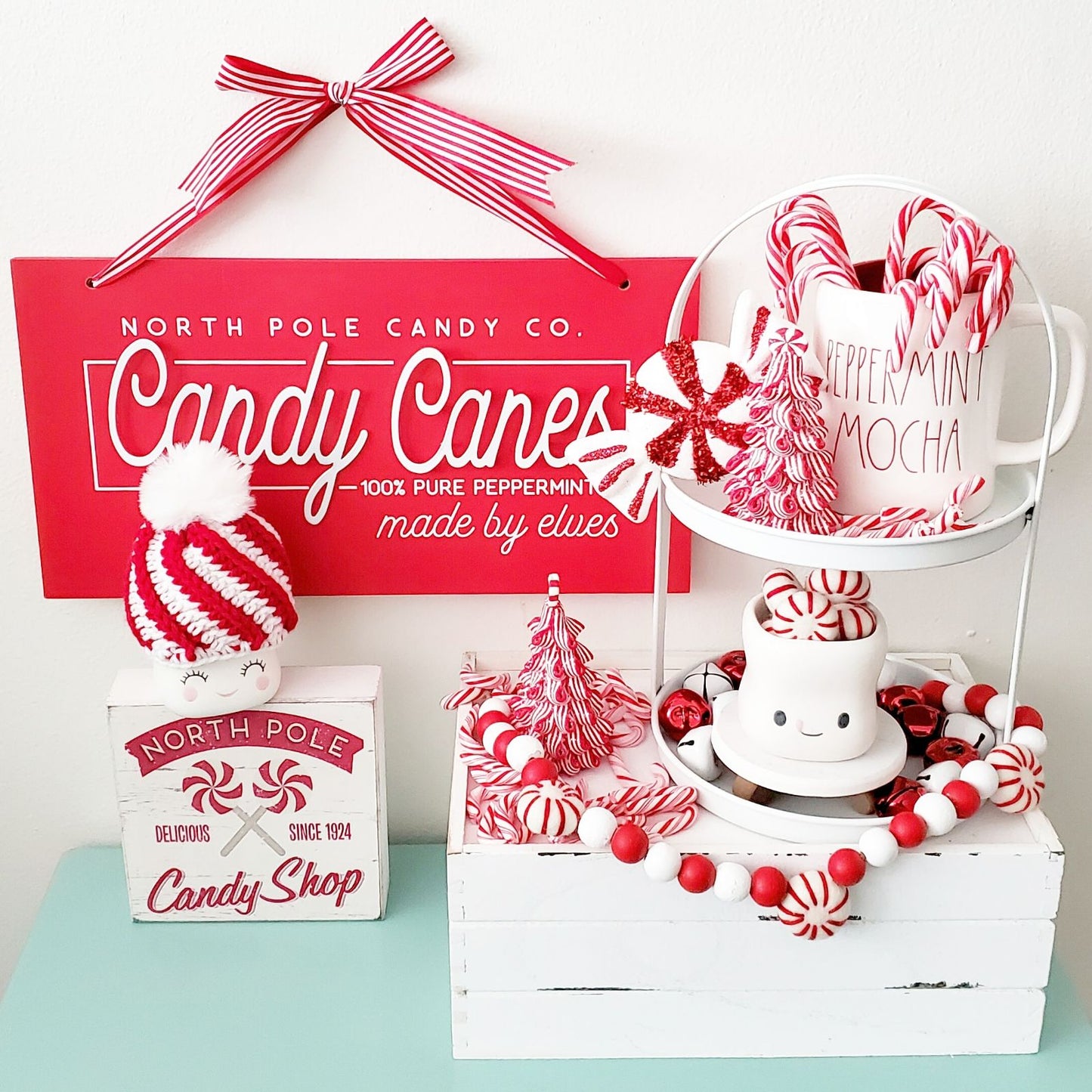 Christmas Marshmallow Mug Hat Peppermint Winter Farmhouse Kitchen Tiered Tray Decor