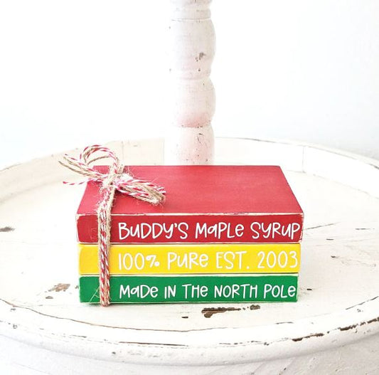 Wood Book Stack Christmas Buddy The Elf Buddy's Maple Syrup Farmhouse Tiered Tray Decor