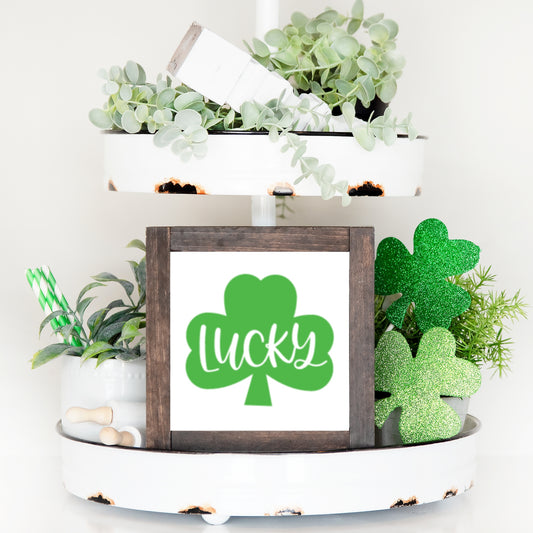 St. Patrick's Day Wood Sign Lucky Shamrock Farmhouse Tiered Tray Decor