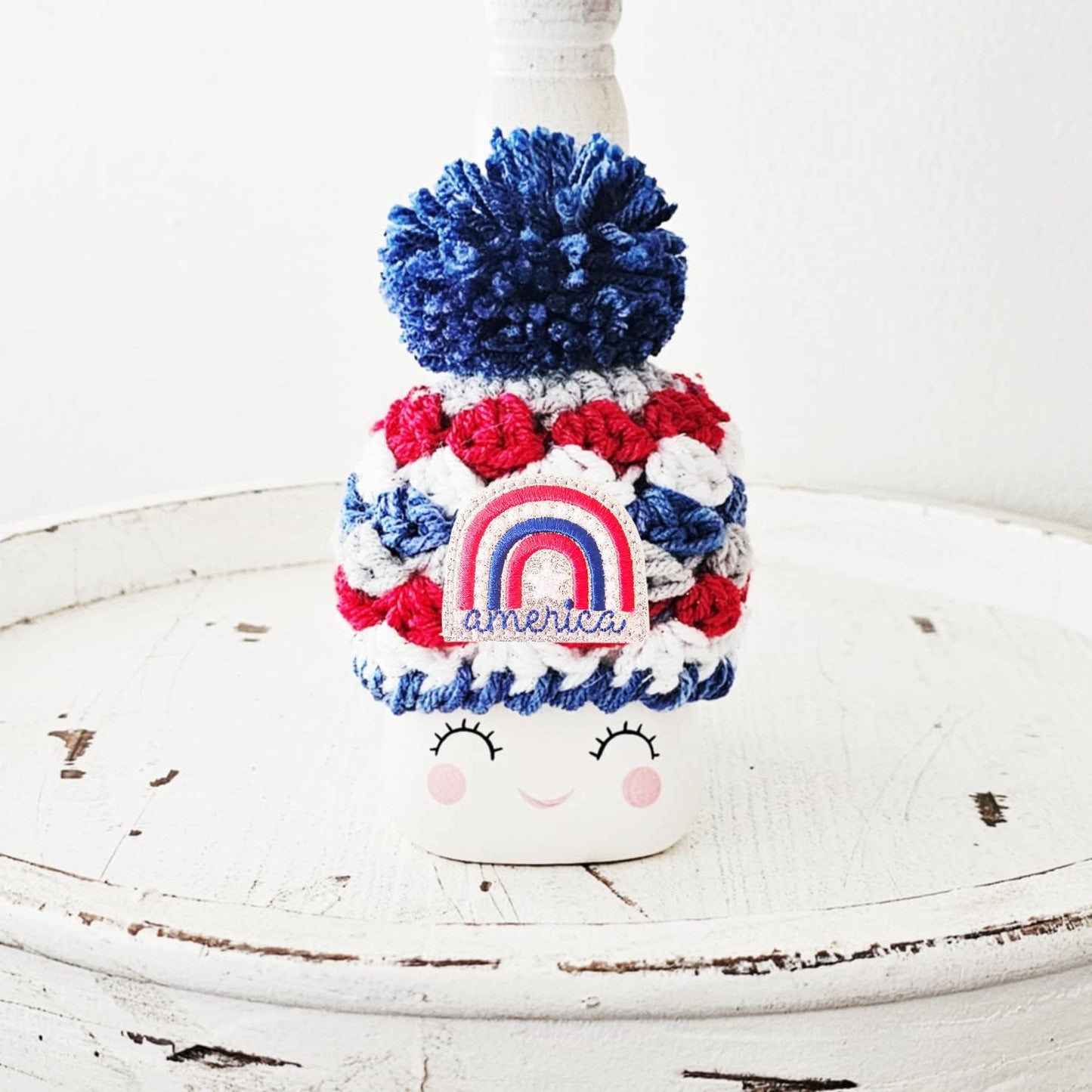 4th Of July America Rainbow Marshmallow Mug Hat Patriotic Farmhouse Kitchen Tiered Tray Decor Crochet Hat