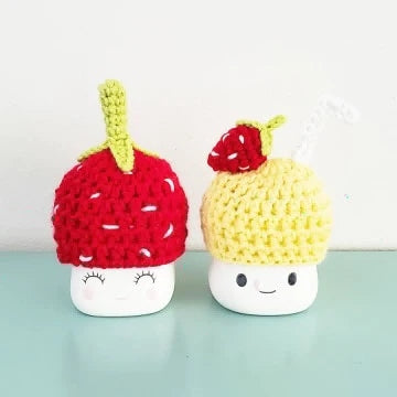 Strawberry Lemonade Marshmallow Mug Hat Summer Decor Farmhouse Kitchen Tiered Tray Decor Crochet Hat