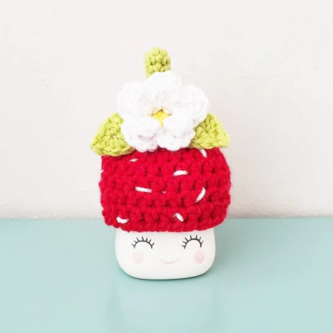 Strawberry Marshmallow Mug Hat Summer Decor Farmhouse Kitchen Tiered Tray Decor Crochet Hat