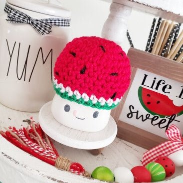 Watermelon Marshmallow Mug Hat Summer Decor Farmhouse Kitchen Tiered Tray Decor Crochet Hat