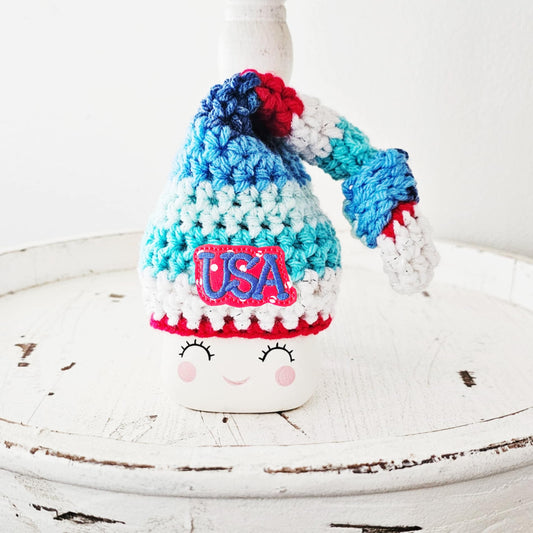 4th Of July USA Marshmallow Mug Hat Patriotic Farmhouse Kitchen Tiered Tray Decor Crochet Hat