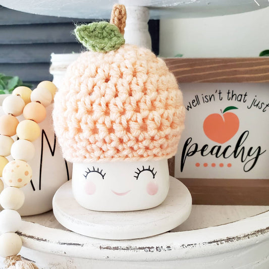 Peach Marshmallow Mug Hat Summer Decor Farmhouse Kitchen Tiered Tray Decor Crochet Hat