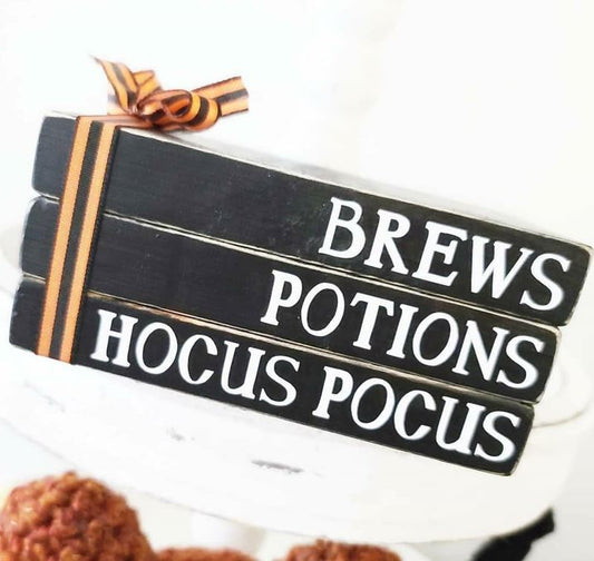 Wood Book Stack Halloween Brews Potions Hocus Pocus Farmhouse Tiered Tray Decor