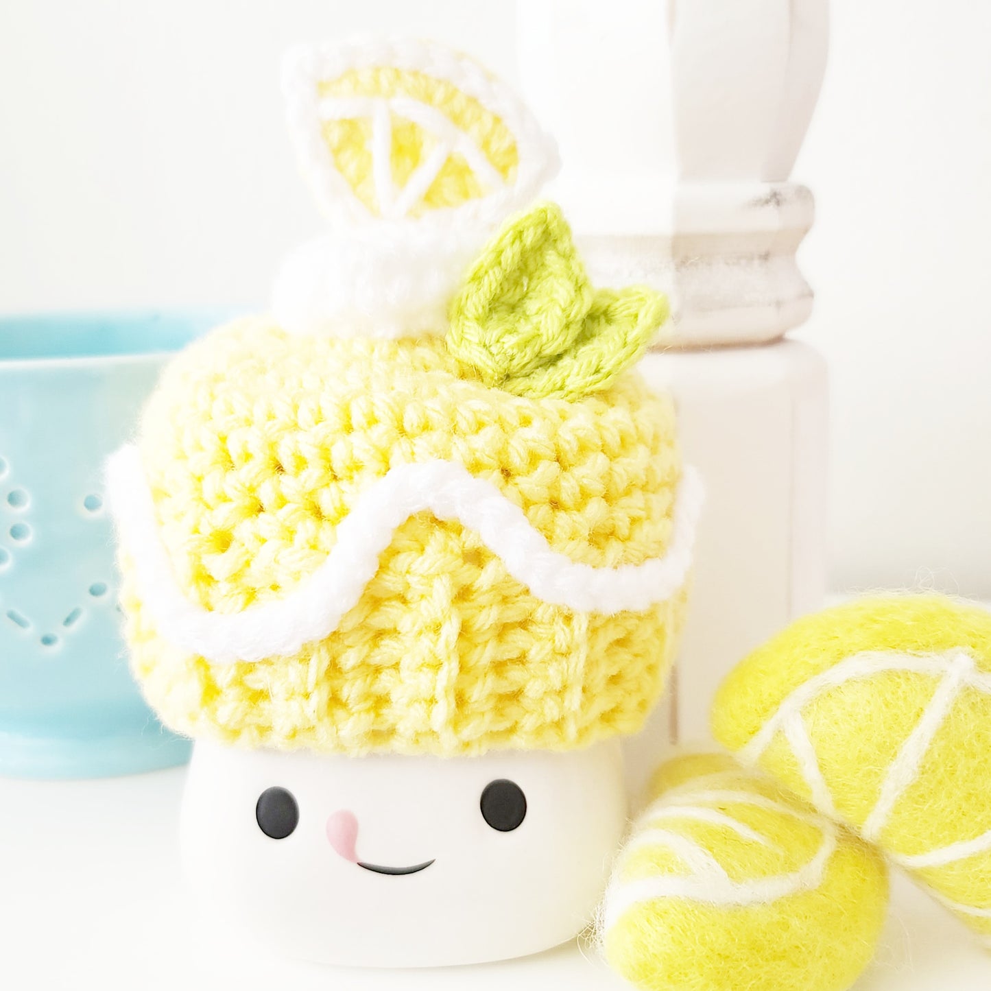 Lemon Marshmallow Mug Hat Lemon Pie Cupcake Summer Decor Farmhouse Kitchen Tiered Tray Decor Crochet Hat