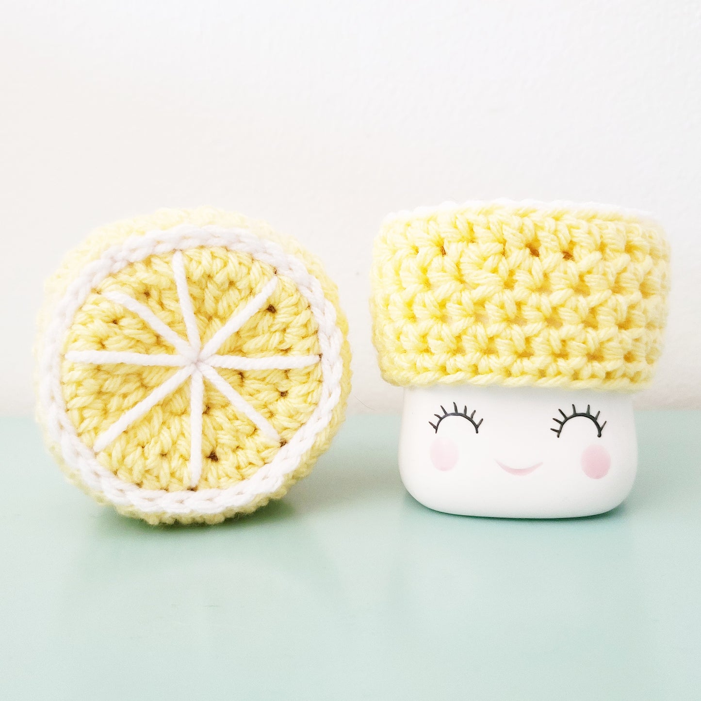 Lemon Marshmallow Mug Hat Lemon Slice Summer Decor Farmhouse Kitchen Tiered Tray Decor Crochet Hat
