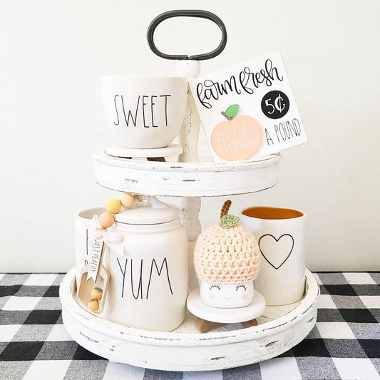 Peach Marshmallow Mug Hat Summer Decor Farmhouse Kitchen Tiered Tray Decor Crochet Hat