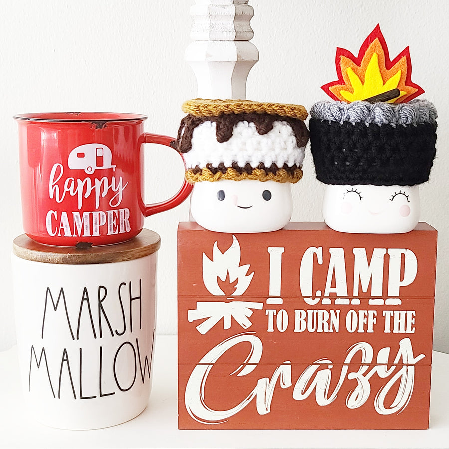 Smore's Campfire Marshmallow Mug Hat Summer Camping Crochet Hat Farmhouse Tiered Tray Decor