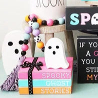 Ghost Decor Halloween Ghost Tiered Tray Decor Set Wood Ghost Sign Wood Bead Garland Ghost Bookstack