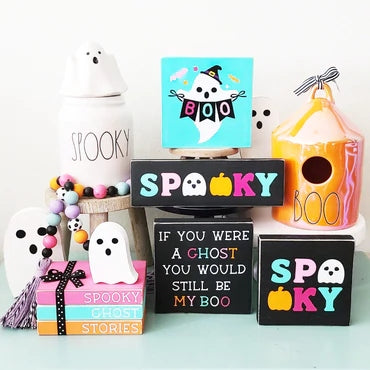Ghost Decor Halloween Ghost Tiered Tray Decor Set Wood Ghost Sign Wood Bead Garland Ghost Bookstack