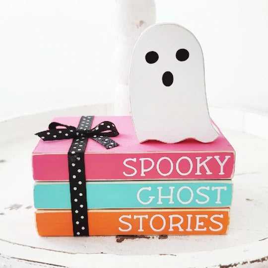 Ghost Decor Halloween Ghost Tiered Tray Decor Set Wood Ghost Sign Wood Bead Garland Ghost Bookstack