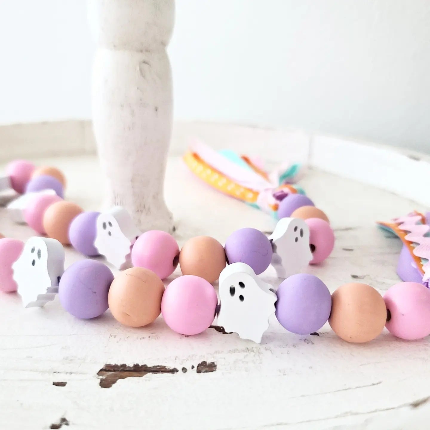 Ghost Wood Bead Garland Halloween Decor Spooky Haunted Farmhouse Tiered Tray Decor