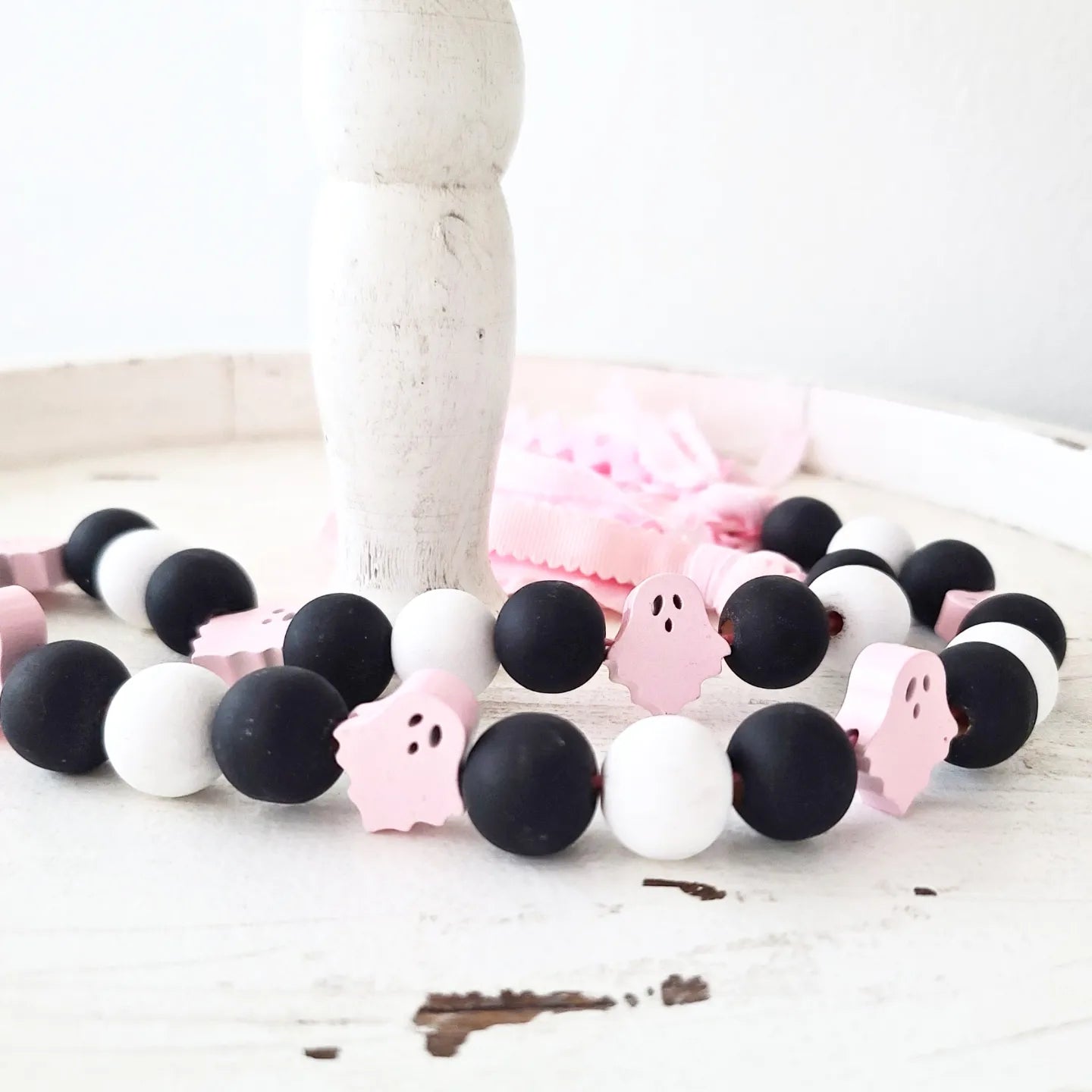 Ghost Wood Bead Garland Halloween Decor Spooky Haunted Farmhouse Tiered Tray Decor