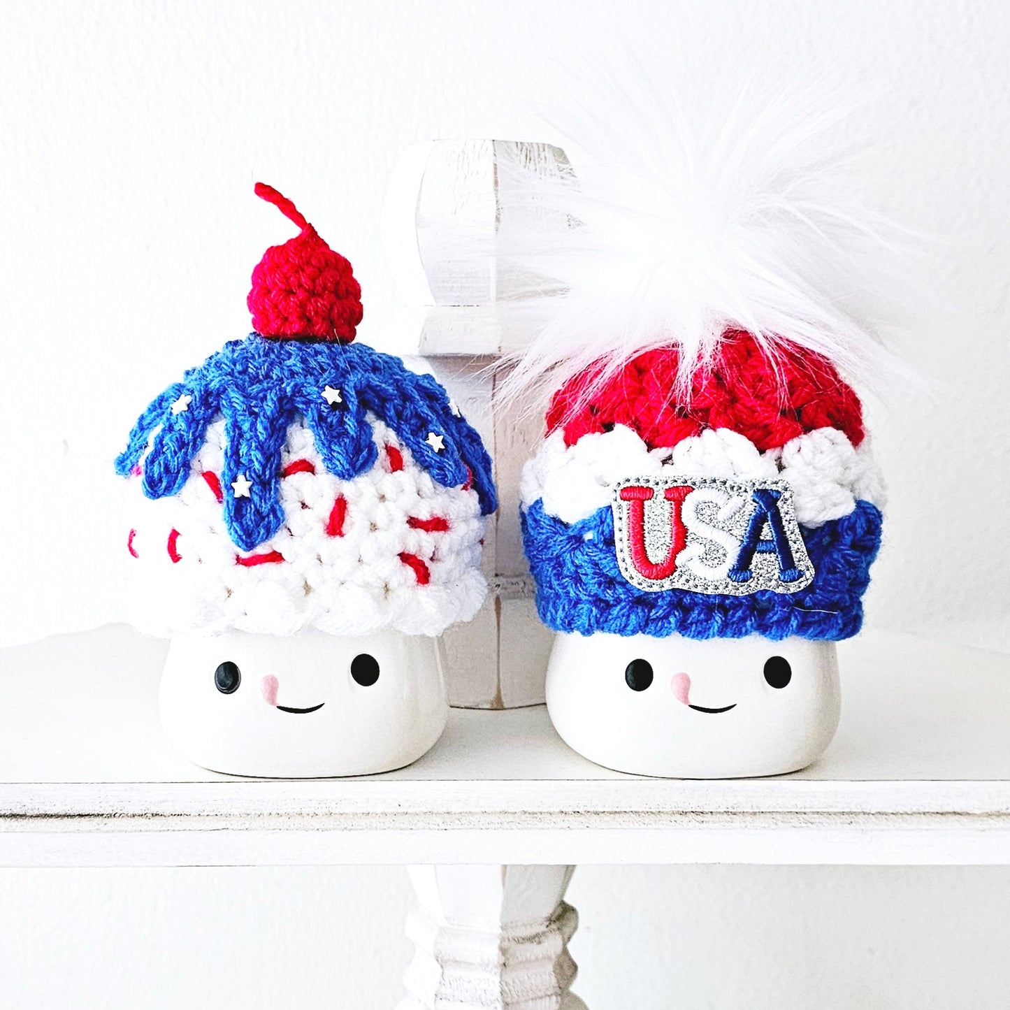 4th Of July USA Patriotic Girl Ice Cream Sundae Marshmallow Mug Hat Patriotic Farmhouse Kitchen Tiered Tray Decor Crochet Hat