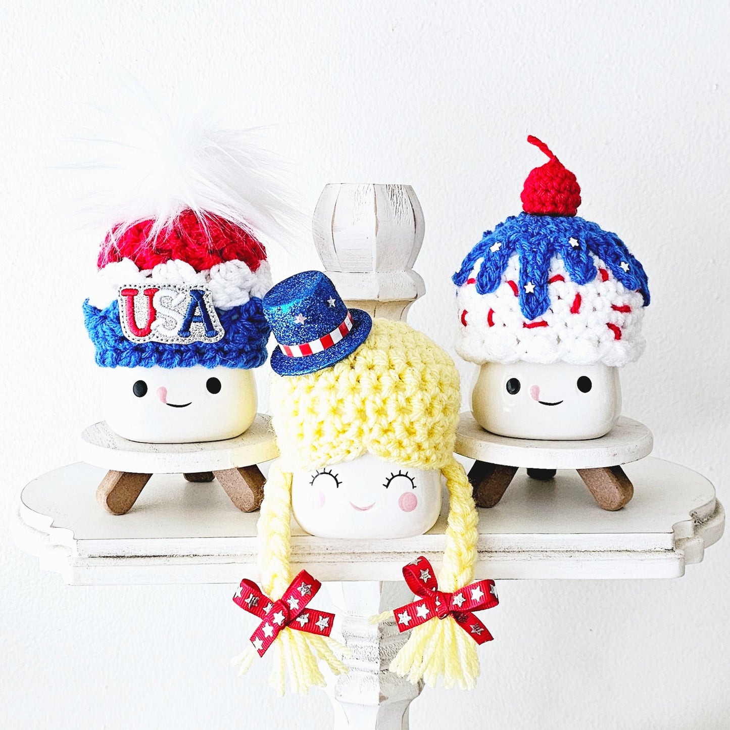 4th Of July USA Patriotic Girl Ice Cream Sundae Marshmallow Mug Hat Patriotic Farmhouse Kitchen Tiered Tray Decor Crochet Hat