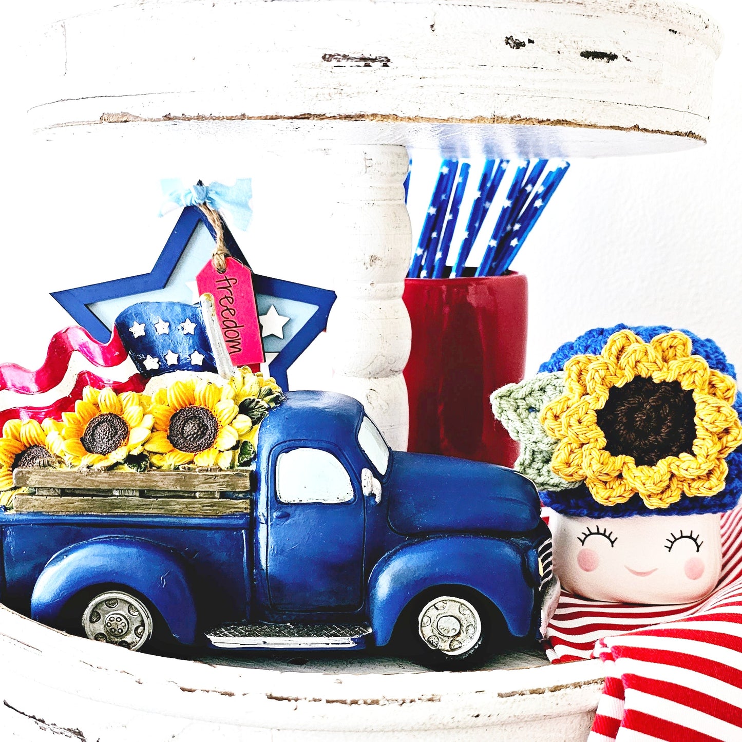 4th Of July Sunflower Marshmallow Mug Hat Patriotic Farmhouse Kitchen Tiered Tray Decor Crochet Hat