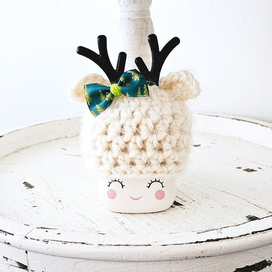 Christmas Marshmallow Mug Hat Fuzzy Bow Reindeer Winter Farmhouse Kitchen Tiered Tray Decor